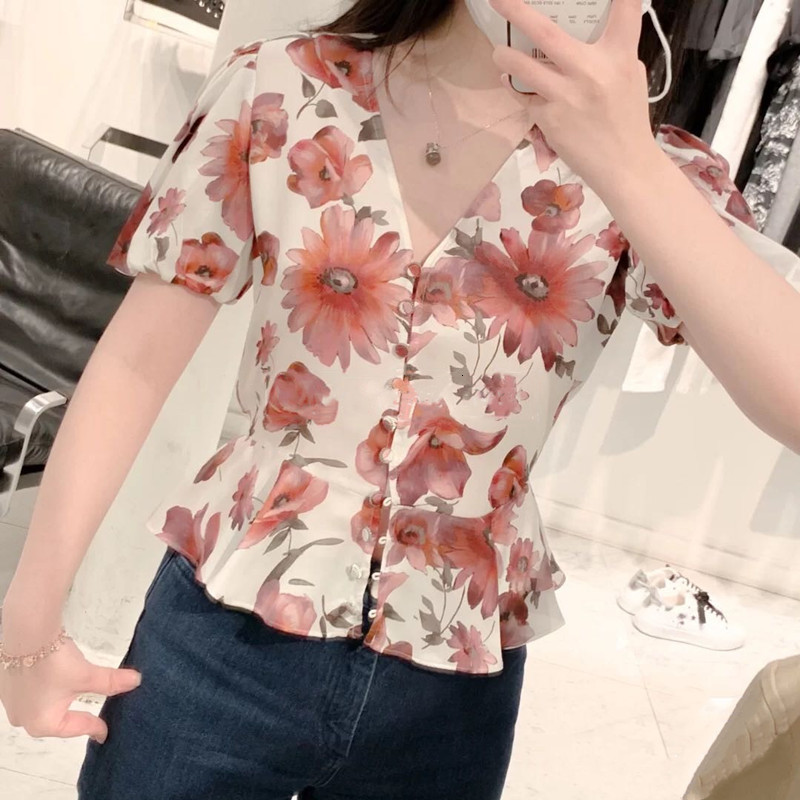 

2021 New Camisa De Manga Feminina Floral Impresso Com Decote Em v Botes Babados Nova Blusa 4gxz, Black