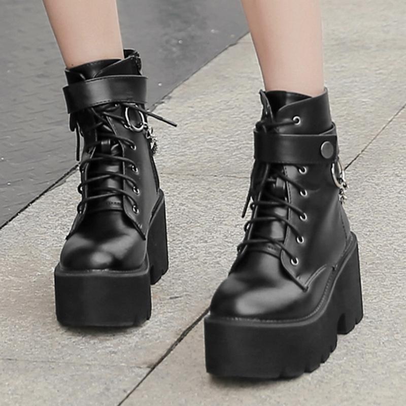 Boots Women Platform Punk Gothic Woman Shoes Combat Boot Metal Button Female Motorcycle Ladies Black High Heel
