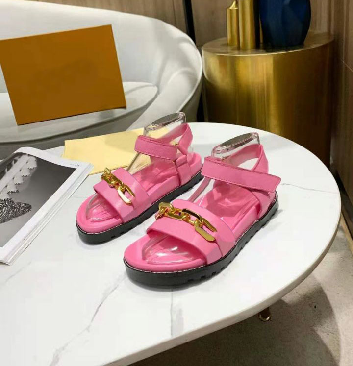 

Direct selling! Women's sandals fashion gold chain letter printed leather flat slippers luxury show party sexy flat shoes beach shoe matching box 35-41, Blue