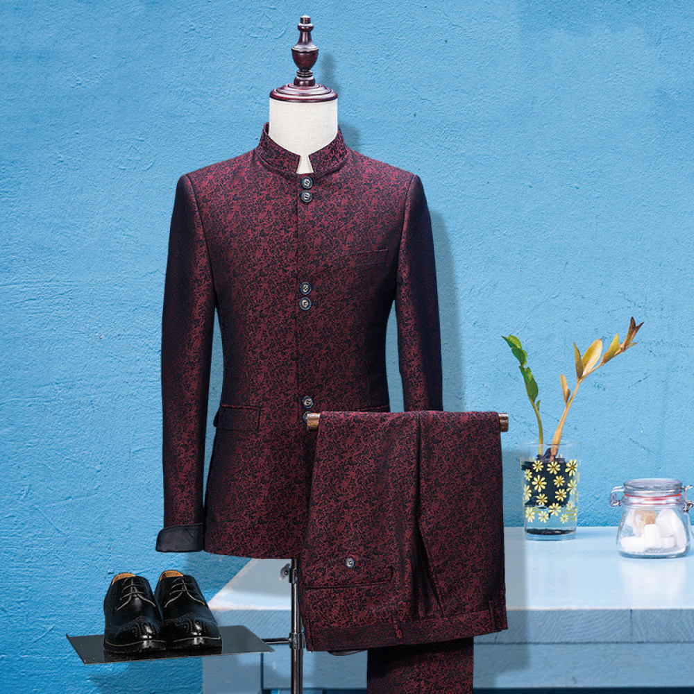 

2021 Retro Stand Up Collar Male Large Size Printing Pieces Set Groom Takim Elbise Banquet Slim Business Suit Fedt, Burgundy