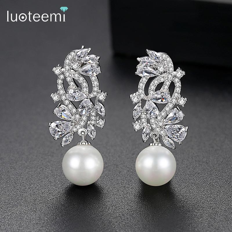 

Stud Luoteemi Brand Cubic Zirconia Women's Simulated-Pearl Fashion Wedding Party Jewelry Bridal Accessories Wholesale, Golden;silver