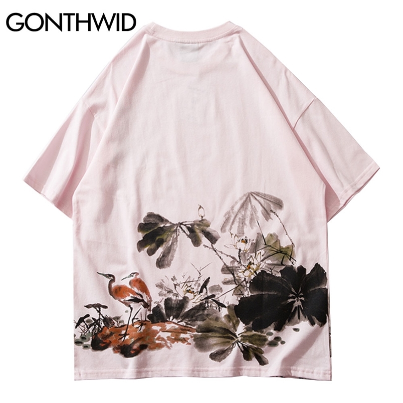

T-Shirts Streetwear Hip Hop Men Lotus Leaf Crane Print Japanese Short Sleeve Tees Cotton Casual Harajuku Tshirts Tops 210602, Pink