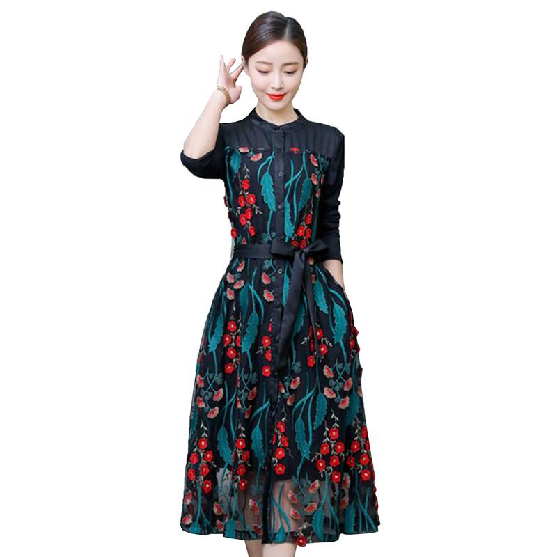 

Casual Dresses Women Long Sleeve Dress 2021 Spring Summer Est Elegant Embroidery Vintage A-line Single-breasted Plus Size, Black