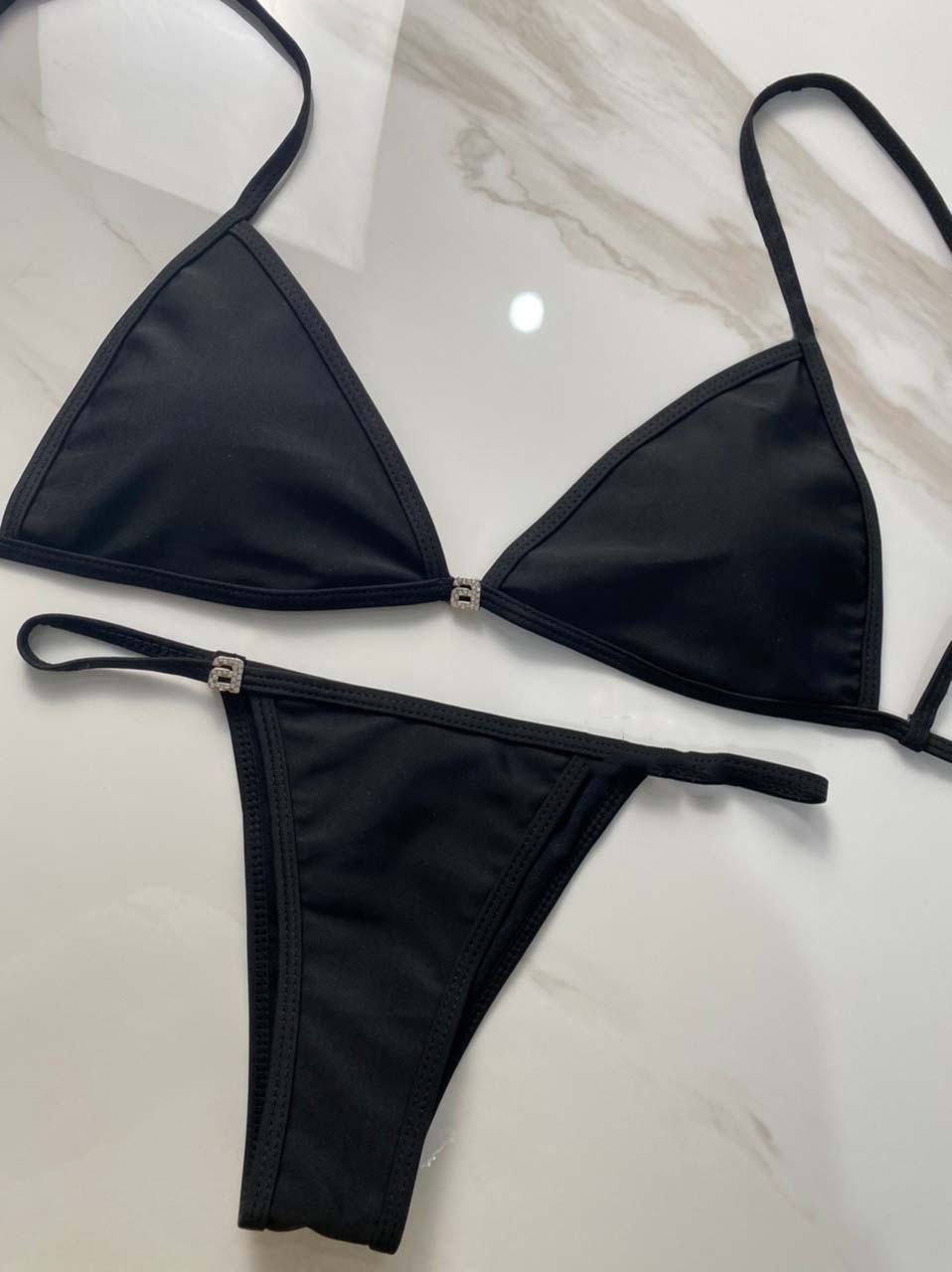 

Trendy Metal Chain Bikini Set Solid Black Color W Letter Swimwears Summer Beachwear With Tags For Ladies Gift