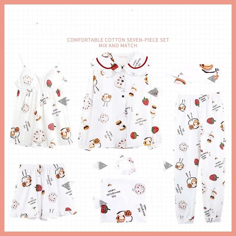 

New End 7pcs Sweet Printing Pajamas Peter Necklace From a Housewife Dress Young Lady White Nightwear Turkey Vzgi