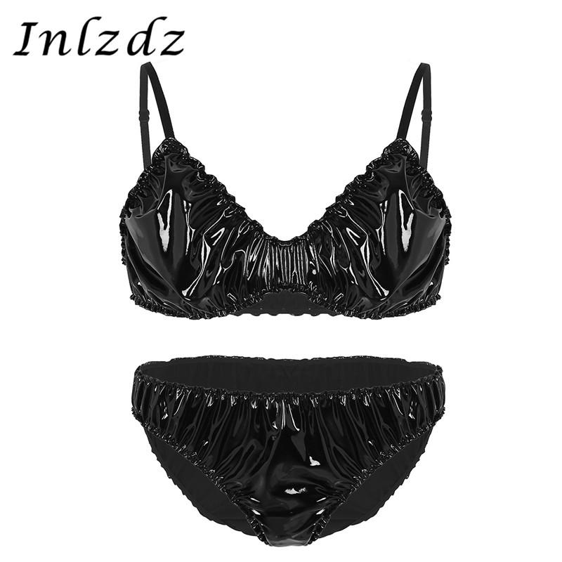 

Bras Sets Mens Sissy Lingerie Suit Wetlook Leather Ruffled Exotic Set Adjustable Spaghetti Strap Bra Top With Briefs Male Underwear, Black