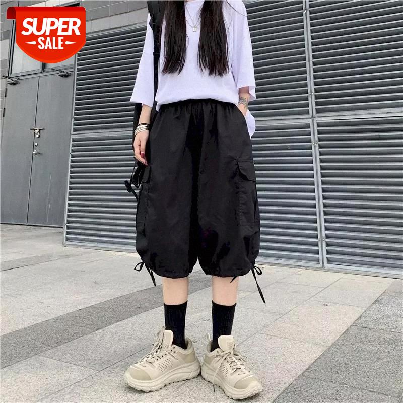 

overalls pants female summer Korean ins student casual straight wide-leg loose wild five-point over the knee shorts women #HO5B, Black;white