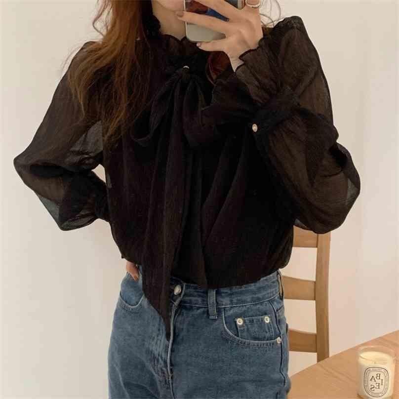 

Streetwear Ruffles Gentle All Match Casual OL Loose High Quality Blouses Bow Office Lady Pullovers Shirts 210525, Beige