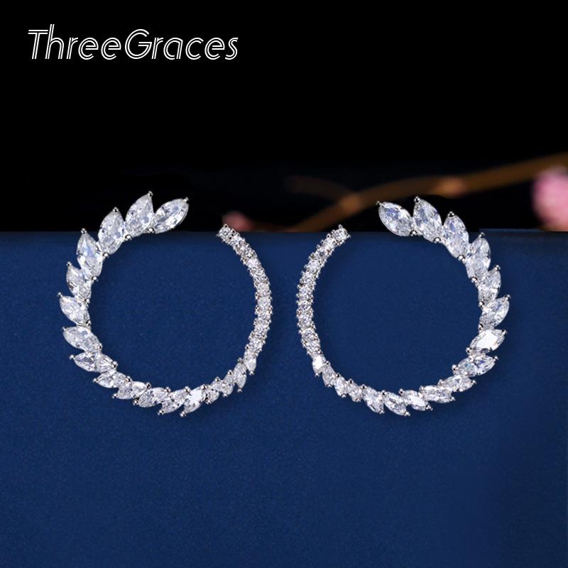 

Stud ThreeGraces Women Earring Fashion Jewelry Circle Half Round Leaf Shape Cubic Zirconia Stone Big Earrings For Party ER164, Golden;silver