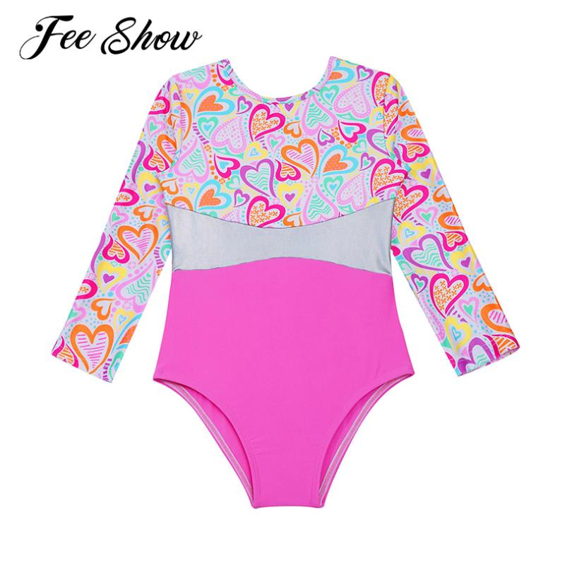 

One-Pieces Girls Kids One-piece Swimwear Round Neck Long Sleeves Multicolor Print Patchwork Jumpsuit Bodysuit Beach Swimming Bathing Suits, Black