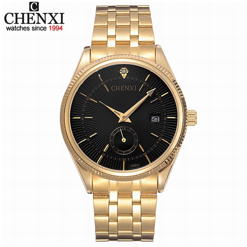 

CHENXI Gold Watch Men es Top Brand Luxury Famous Wristwatch Male Clock Golden Quartz Wrist Calendar Relogio Masculino 210728, Black dial