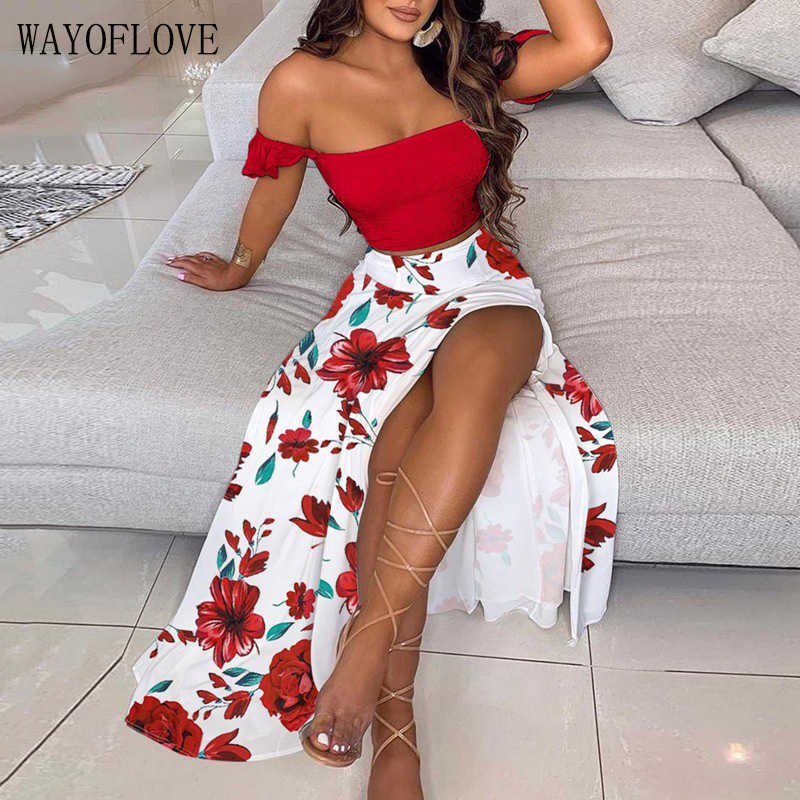 

WAYOFLOVE Women Dress Sets Sexy Elegant Rose Leaf Print Long Dress Sets Off Shoulder Top And Split Skirt Suit Two Piece Set 210602, Black