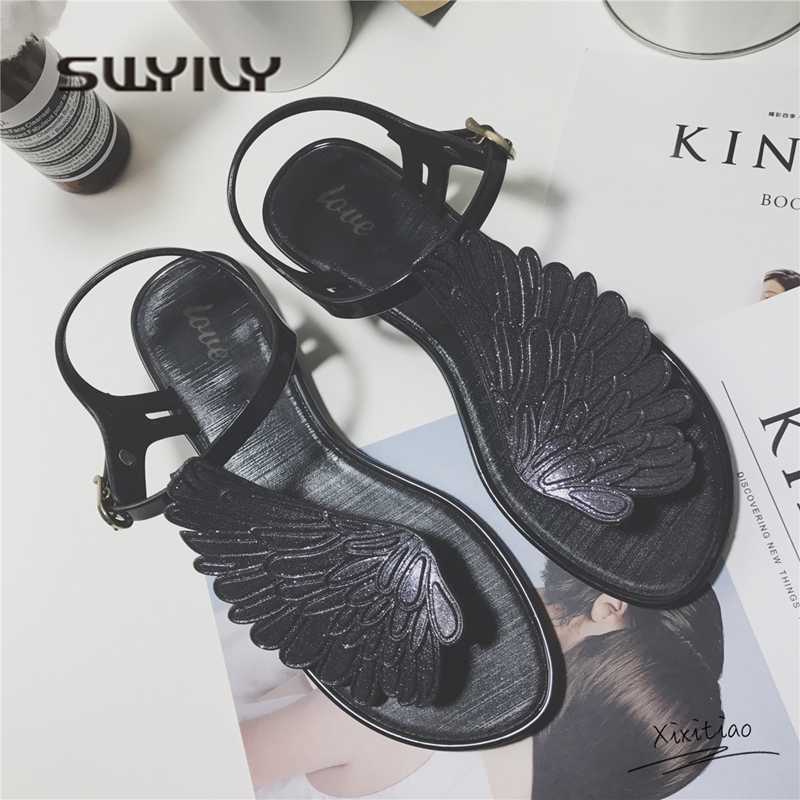 

SWYIVY Women Sandals Flip Flops Wing Summer Flat Rome Sandals Woman Holiday Beach Flip Flops Shoes Woman Casual Jelly Shoes Y0721, Black