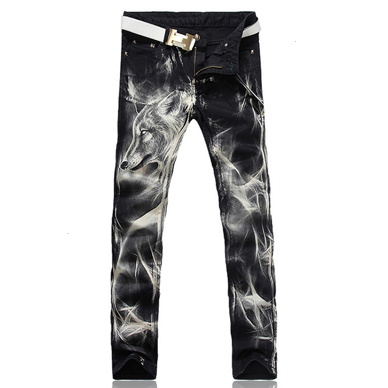

2021 Top quality Men's Male Fashion Casual Wolf Print Stretch Denim Jeans Slim Black Painted Straight Pants Long Trousers QP43, Beige