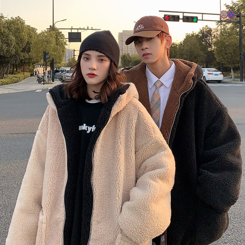 

2021 New Winter Thick Lamb Fur Jacket Men's Warm Fashion Casual Retro Hooded Men Clothes Loose Korean Couple Short Coat -3xl 6id2, Black