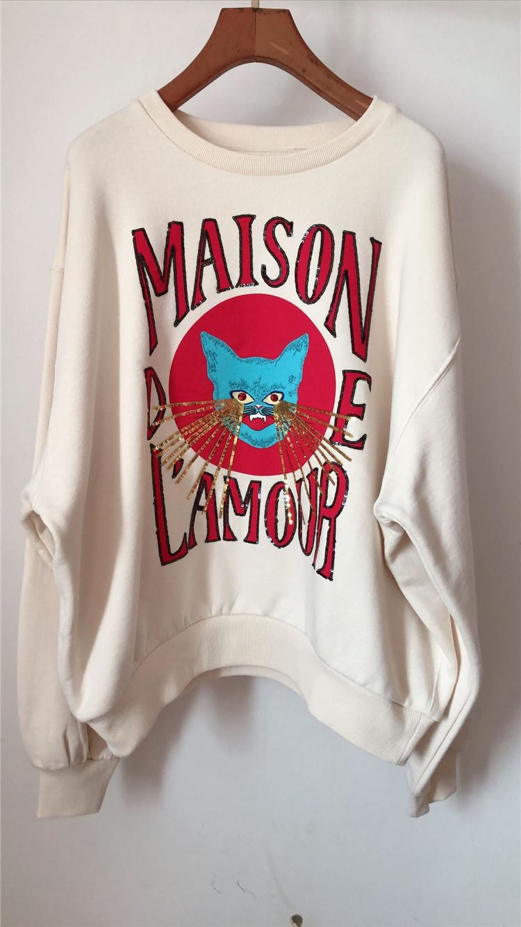 

19FW Classic Cat Vintage Sequins Embroidery Hoodie Sweatershirt Knitted Pullover Logo Long Sleeve Spring Autumn Warm G Casual Street Sweater Crewnecks Tops, White