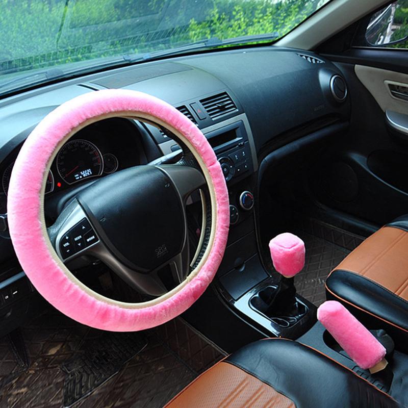 

Steering Wheel Covers Car Plush Fashion Universal Cover Winter Warm Three-Piece Suit Pink Accessories Furry