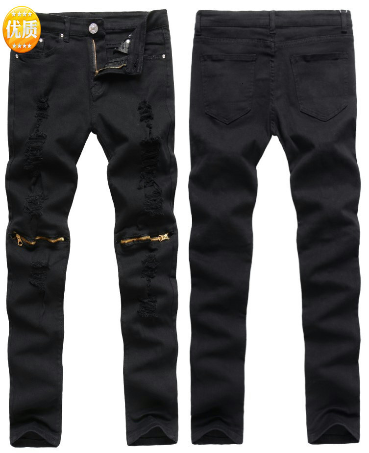 

fashion jeans european version men's hole sticking cloth cut leisure pants slim little foot stretch nightclub, Blue