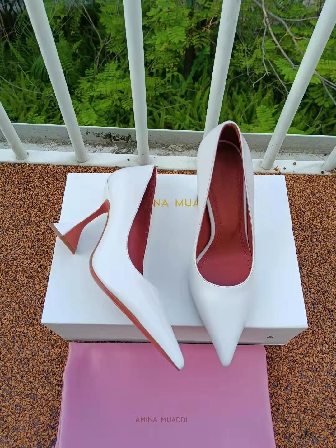 

AMINA MUADDI Fashion Season Shoes Amina Italy Ami Pumps Muaddi Begum 95 Genuine White Leather Pyramid High Heel Slip On GUe