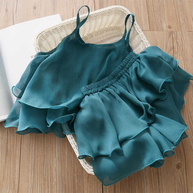 

Summer Casual 2-4 6 8 10 12 Years Sleeveless Strap Blouse +Skirts 2 Pcs Suits Baby Kids Girls Chiffon Sling Clothing Set 210701, Green