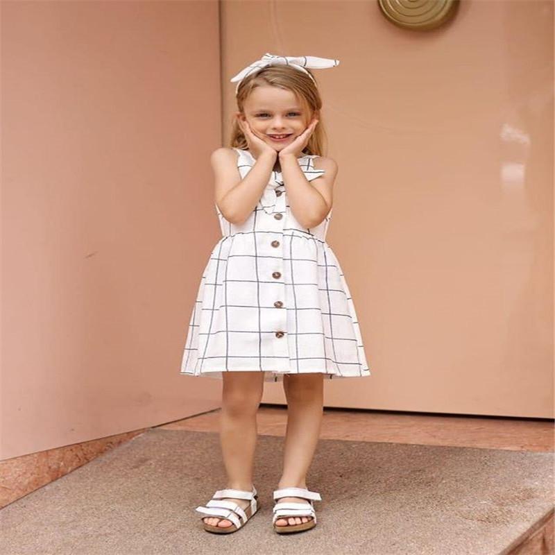 

Girl's Dresses 2021 Summer Baby Girl A Line Mini Dress Toddler Kids Girls Party Sleeveless Plaid Formal Headband Bow 2 Pieces Set, As pic