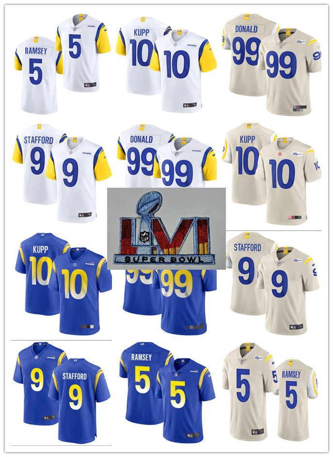 

Mens Women Youth Los Angeles''Rams''9 Matthew Stafford 10 Cooper Kupp 99 Aaron Donald 2 Robert Woods 5 Jalen Ramsey Foot, Black;red