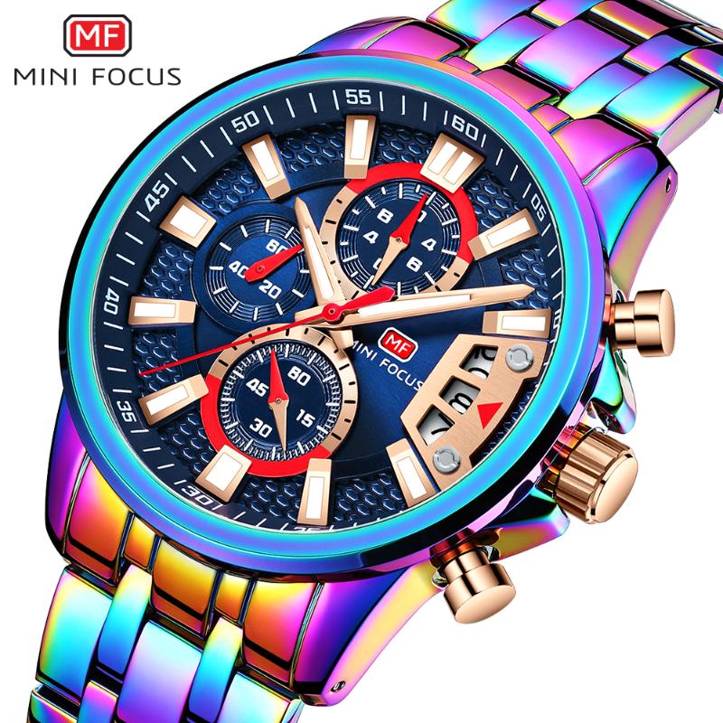 

Wristwatches 2021 Rainbow Waterproof Quartz Watch Mens Chronograph Skeletion Steampunk Wristwatch Men Stainless Steel Watchband Gift Male, Bo-gold-black-red