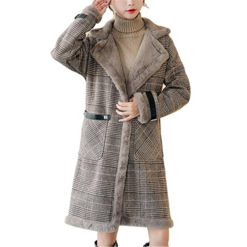 

Women' Wool & Blends 2021 Plaid Autumn Winter Women' Clothing Overcoats Faux Fur Collar Plus Size Female Woolen Coats OL Trendy Lady O