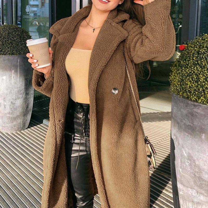 

2021 New Fashion Long Winter Women's Fur Coat Women's Warm Fur Teddy Single Breasted Coat Women Plush Teddy Plus Size Clothing, Khaki