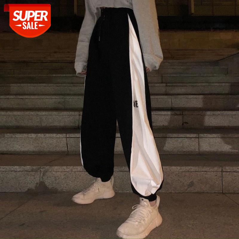 

Sports pants female students loose Korean beam feet pants 2020 spring summer thin casual patchwork hit color trousers wholesale #PC1C, Black;white
