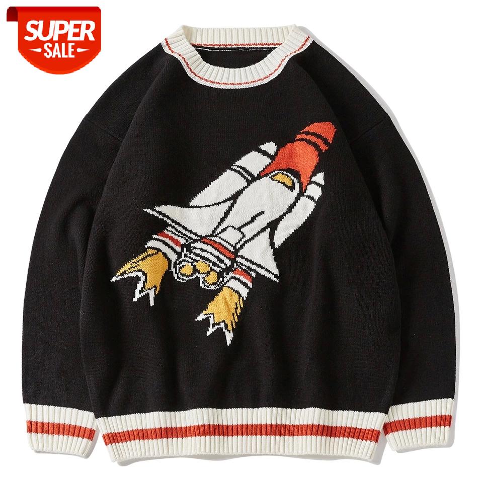 

2021 Hip Hop Rocket Print Knitted Sweater Men Women Streetwear Cotton Pulover Harajuku Gothic Sweater Oversize Loose Unsiex Blac #P81c, White;black