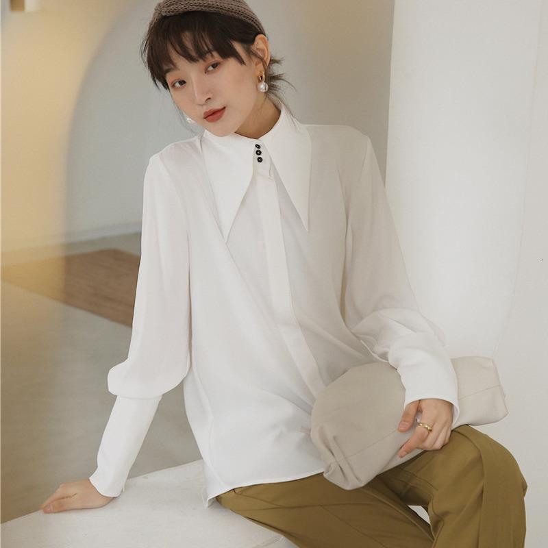 

Lanmrem White Pointed Collar Long Sleeve Straight Cuff Single Breasted Woman Shirt Casual Simple Fashion 2021 Autumn New Td141