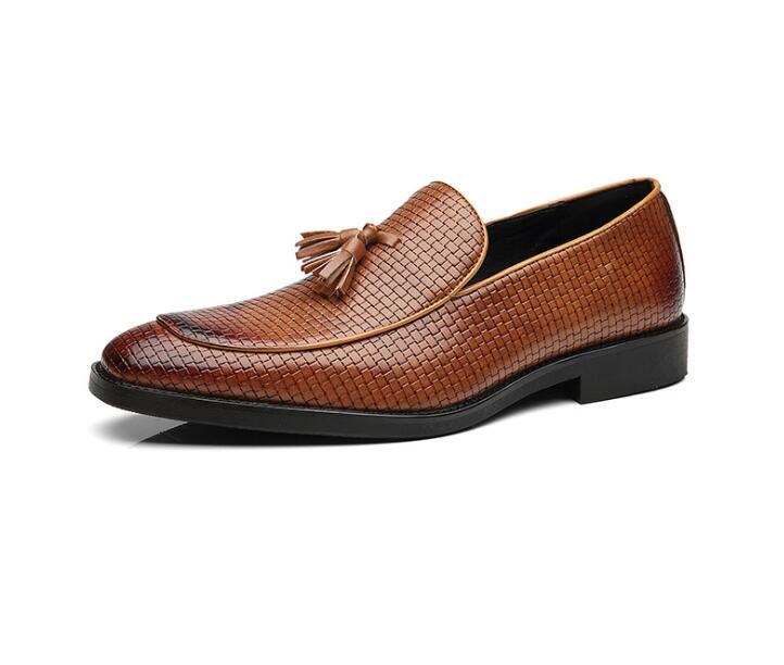 

Dress Shoes Fashion Weave Pattern Tassel Fringe Genuine Leather Slip On Casual Loafers Plus Size Round Toe Men Gift For Father, Black