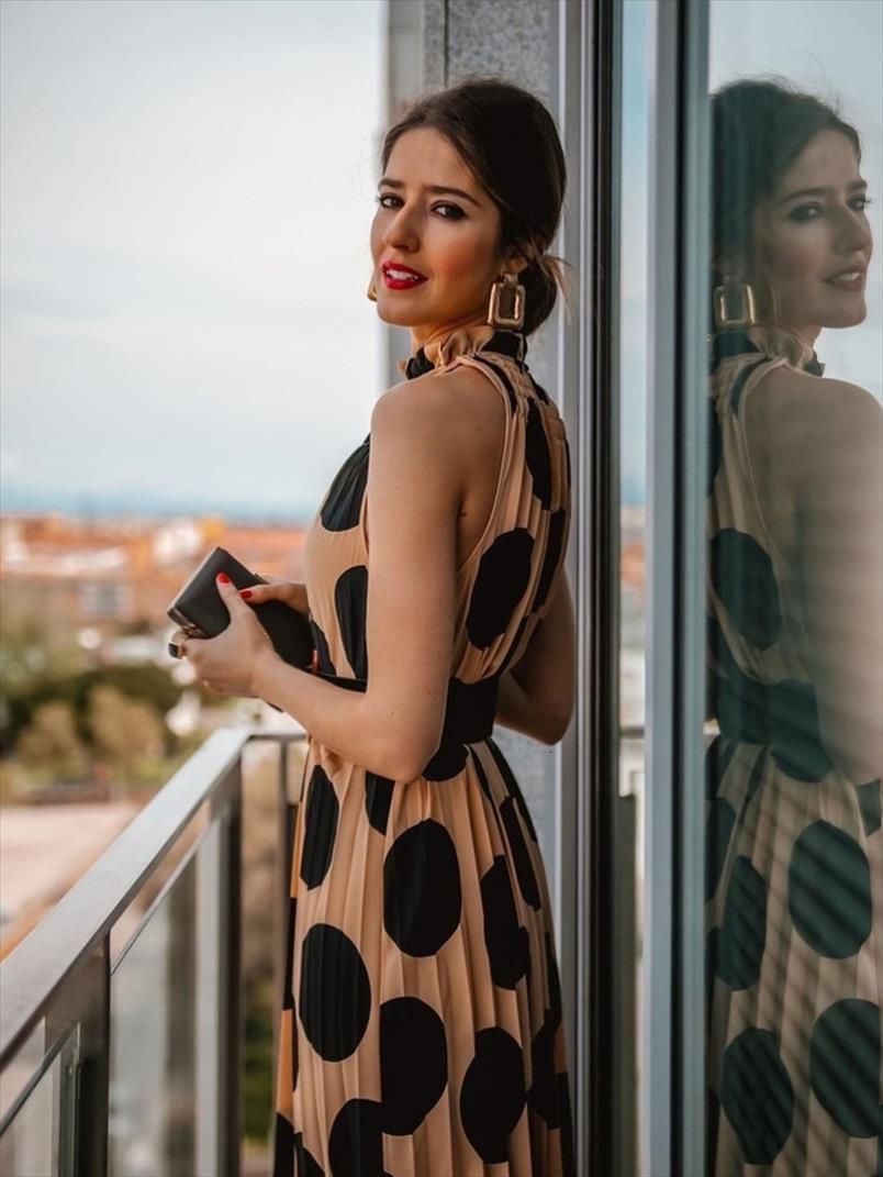 

bohemian polka dot summer womens dress fashion a line pleated halter neck woman elegant sleeveless party dresses, Black;gray