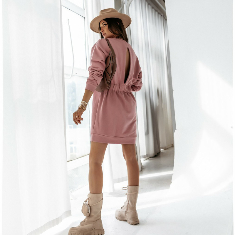 

2021 New Women Fashion Hoodies Casual O-neck Long Sleeve Sexy Backless Elasitc Waist Mini Solid Loose Streetwear Autumn Aptt, Black