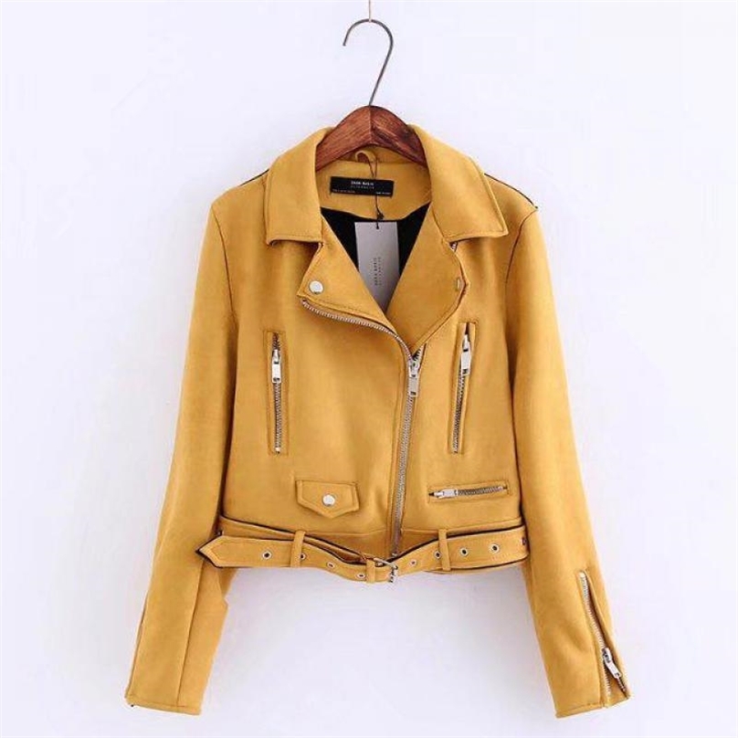 

Women Biker Faux Leather Jacket Spring Autumn Zipper Turn-down Collar Suede Jackets Ladies Slim Punk Pink Moto Coats 210525
