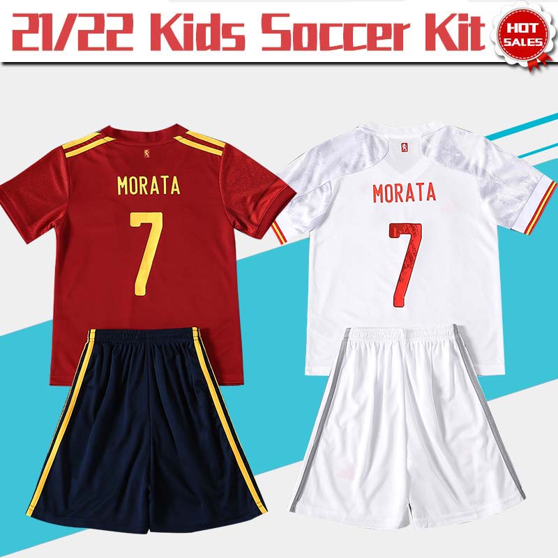 

#7 MORATA Soccer Jersey Kids Kit 2021 ##11 F.TORRES Home Red Child Soccer Shirt 21/22 #8 KOKE #10 THIAGO Away White Boy Football Uniform, Black;yellow