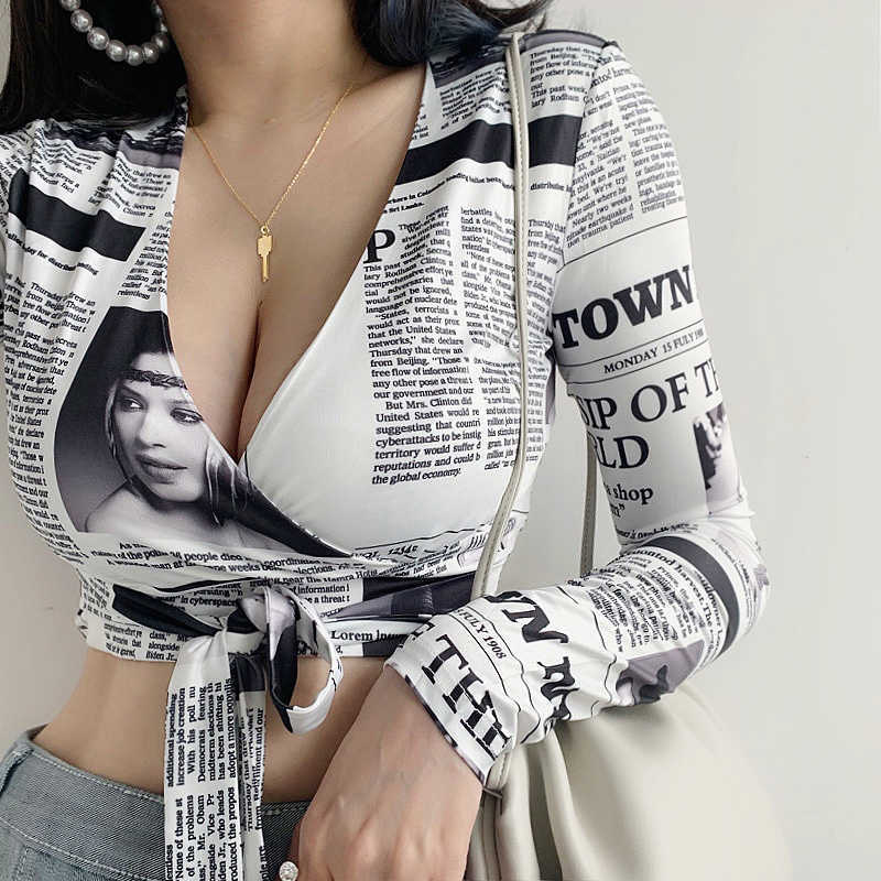 

Spring Autumn Long-sleeved T-shirt Women' Clothing Fashion Niche Design V-neck Straps spaper Top tees E197 210603, White