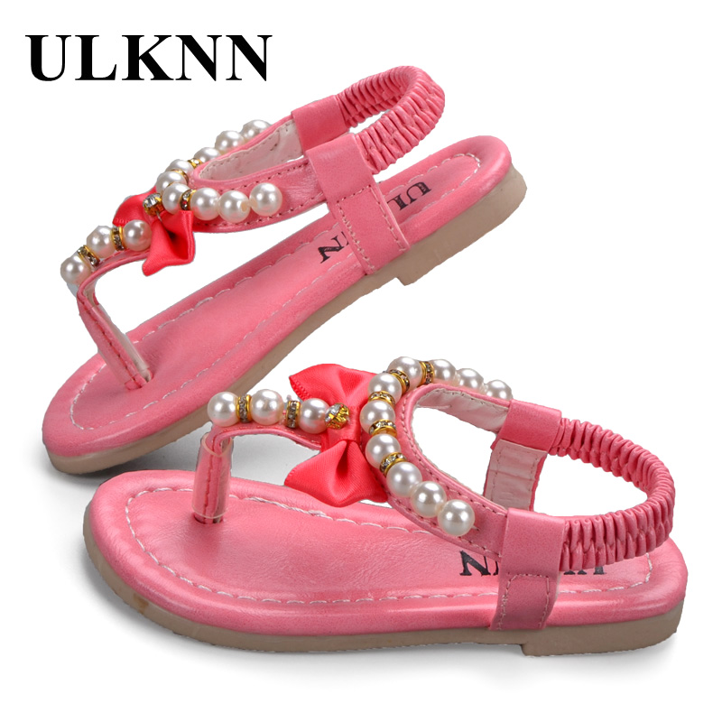 

ULKNN Girls Sandals Kids Summer Sweet Gentle Flower Toe Cap Covering Shoes Kids Soft Bottom Non-slip Beaded Childrens Sandal PU, Purple
