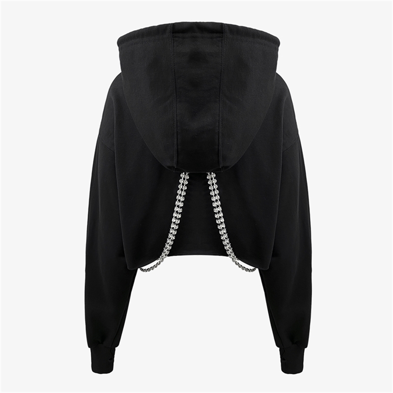 

GetSpring Women Hoodie Cotton Hooded Womens Sweatshirts Pullove Chain Long Sleeve Loose Short Hoodies Autumn 210601, Black
