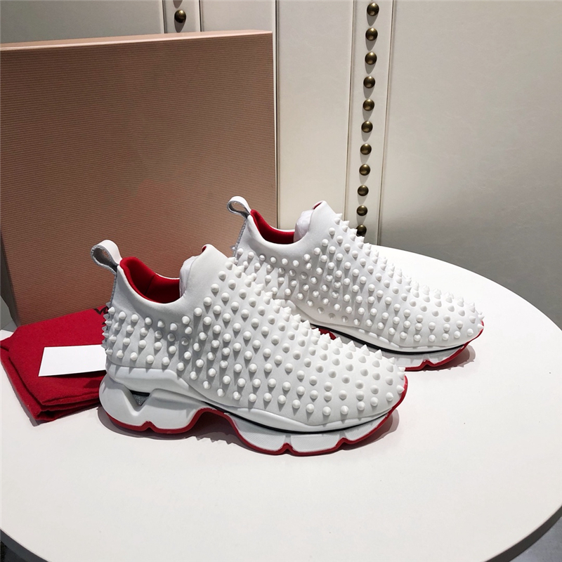 

With Box Fashion Low Cut Spikes Flats Shoes Red Bottom For Men and Women Leather Sneakers Party Designer Shoes, Black