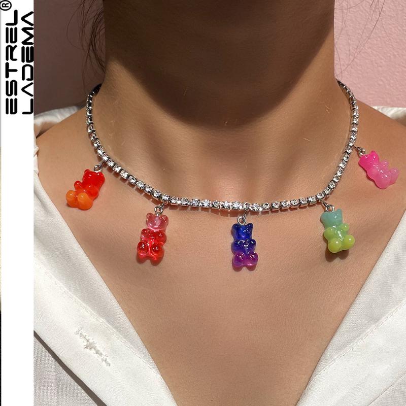 

Chains 2021 Multicolor Acrylic Gummy Bear Crystal Choker Necklace For Women Hip Shiny Rhinestone Chain Necklaces Y2K Jewelry, Silver