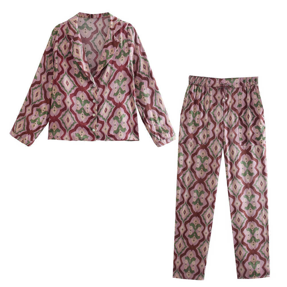 

Two Piece Set Women printed Shirt & Pants Chic Lady Casual Pajama style Za Women Outfit Pants Sets ensemble femme 210709