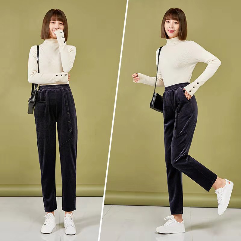 

2021 Spring Autumn New Womens Pants Loose Oversize Straight Pants Corduroy Fabric Pockets Button Design Elastic Waist Trousers, Black;white