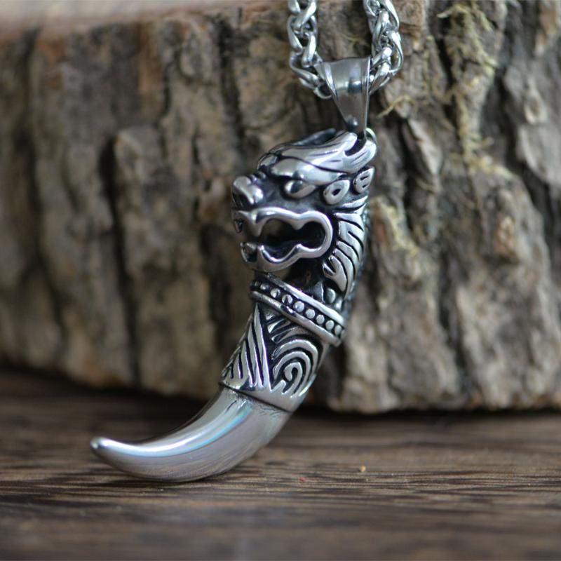 

Pendant Necklaces LANGHONG 1pcs Norse Stainless Steel Necklace Wolf Tooth For Men, Silver