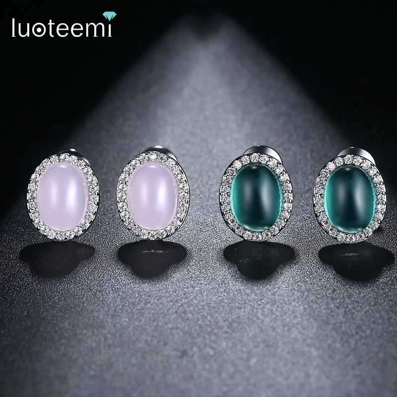 

Stud LUOTEEMI Fashion Oval Green Pink Earring For Women Bridal Wedding Jewelry Dazzel Cubic Zirconia Wholesale, Golden;silver