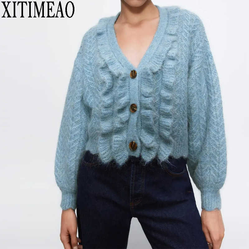 

ZA Preppy Style Lotus Leaf Edge Knit Cardigans Sweater Women V Neck Loose Thicked Femme Short Casual Cardigan 210602, Blue