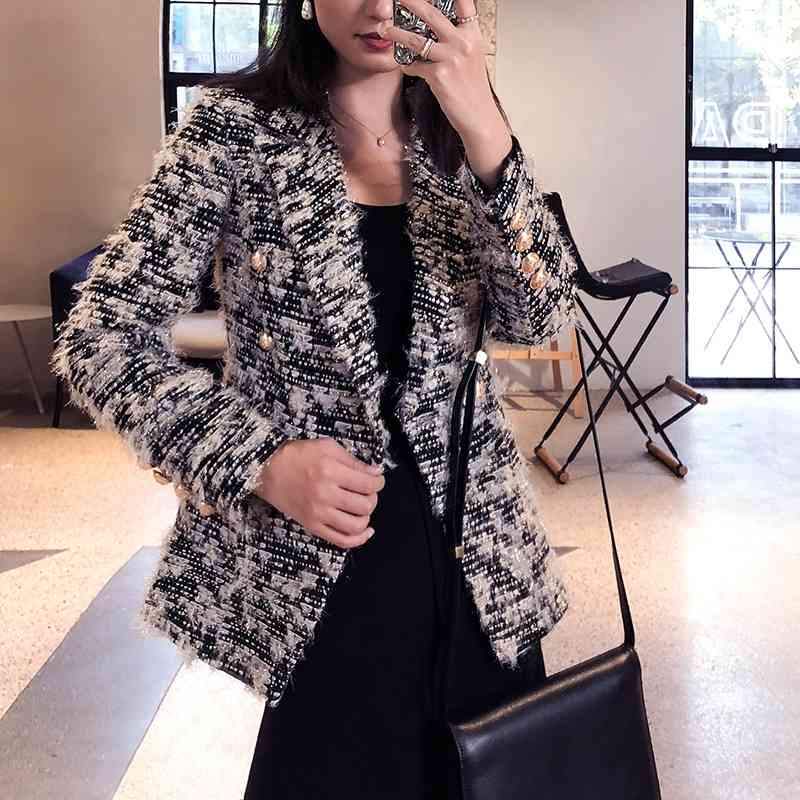 

Vintage Women Tweed Woolen Jacket Autumn Winter Long Sleeve Slim OL Blazer Suit Female Overcoat 210608