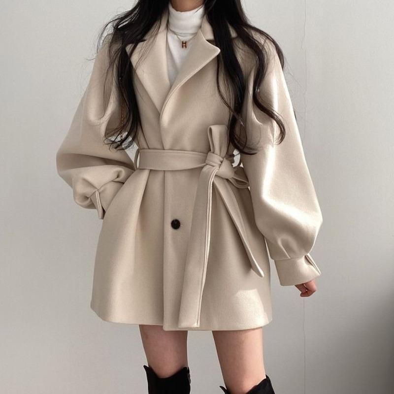 

Women' Wool & Blends Clothing Coats Jackets Chic Belt Lace Up Waist Slim Lapel Two Button Lantern Sleeve Woolen Coat Winter, Black