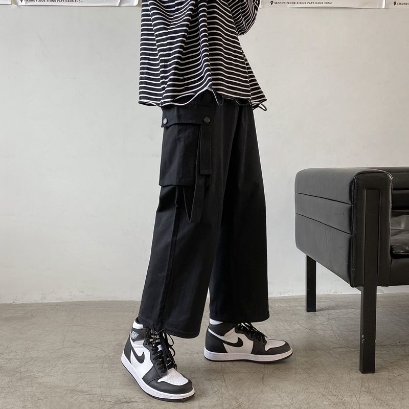 

2021 New Spring Summer Cargo Men's Fashion Retro Multi-pocket Casual Men Streetwear Korean Loose Straight Wide Leg Pants Mens Gy7j, Black